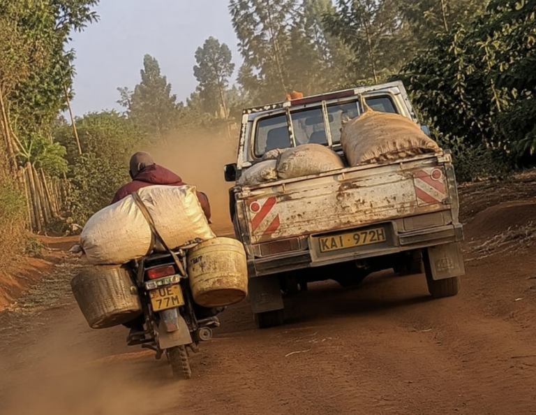 Phone photo of sacks and buckets of red cherry loaded on the back of a motorbike and a weathered single-cab pickup on a red murram road