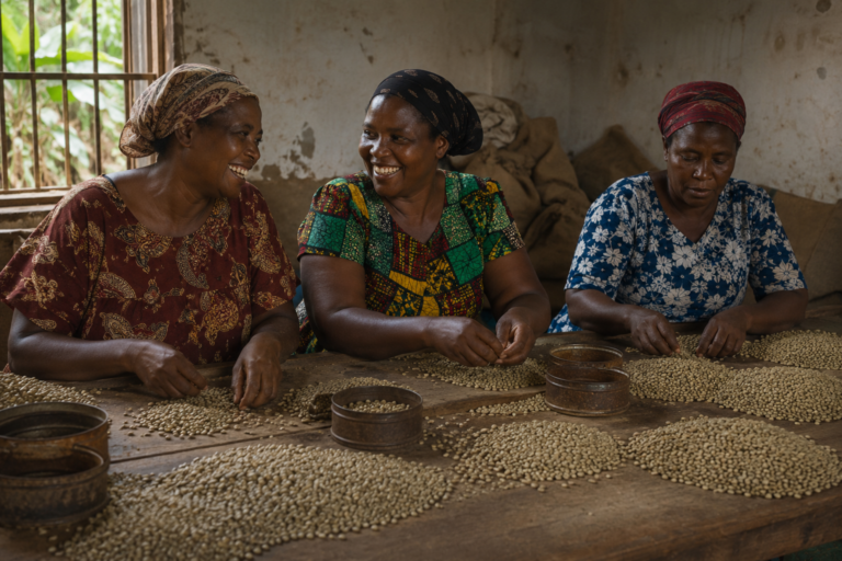 Photo of 3 Kenyan women seated at a rough wooden sorting table spread with green coffee beans, hands mid-motion picking out defective beans into small tins