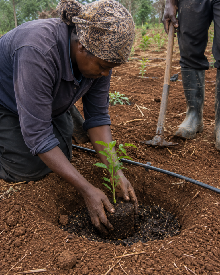 Photo of a Kenyan farm worker kneeling on red soil lowering a healthy seedling