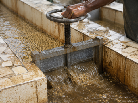 Photo of a close shot of a galvanized sluice gate in the tiled grading channel being lifted by hand