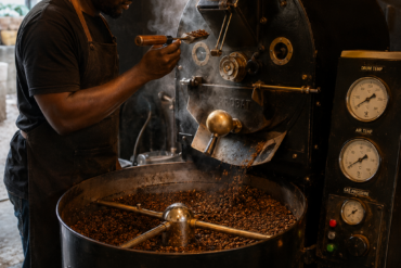 Photo of a small-batch drum roaster mid-roast in a modest Kenyan roastery