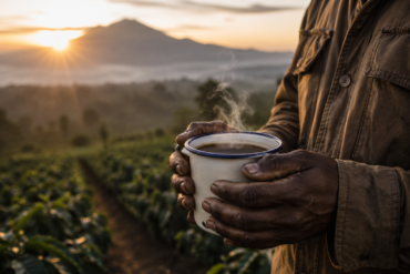 Photo of a steaming enamel cup of black coffee held in a farmer's weathered hands