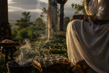 Photo of a traditional Ethiopian coffee ceremony staged at the estate