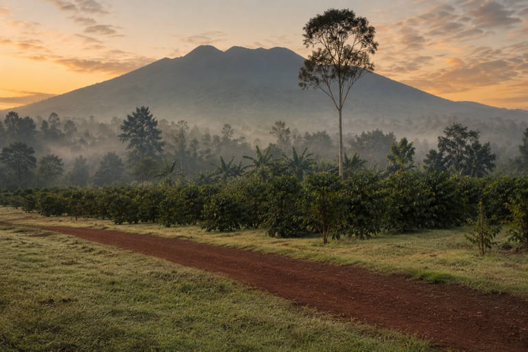 Photo of a wide establishing shot of a Kenyan highland coffee estate at first light