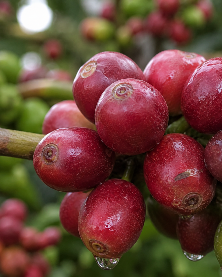 Photo of extreme close-up of a single branch, red-ripe cherries with natural skin gloss and faint dust film