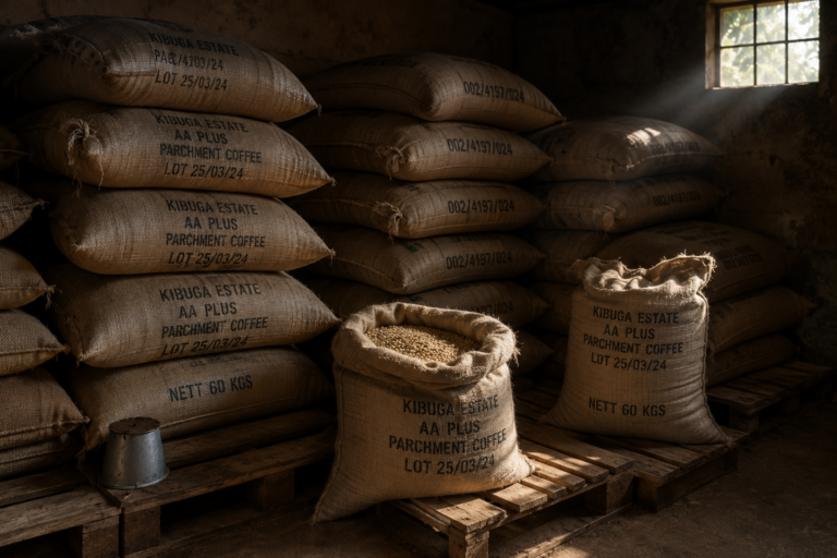 Photo of sisal sacks of parchment coffee stacked in a cool dark estate store on wooden pallets, batch numbers stencilled in black