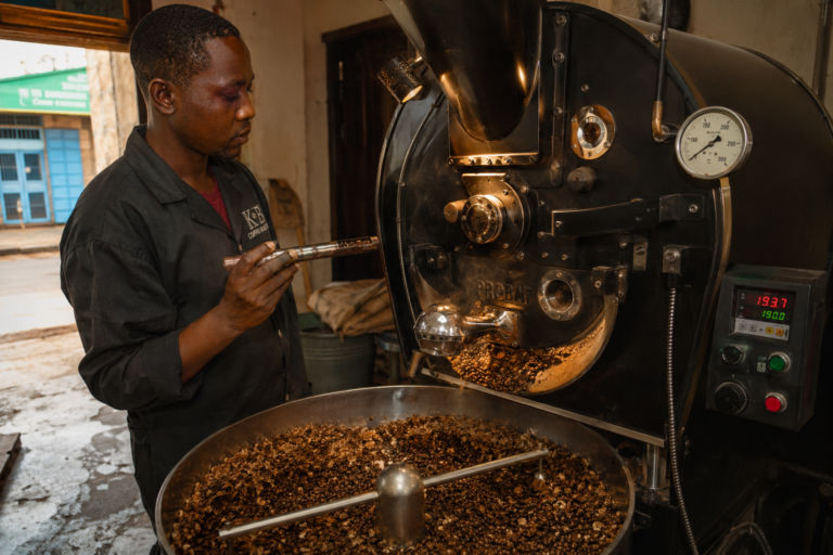Photo of small-batch drum roaster mid-roast in a modest Kenyan roastery