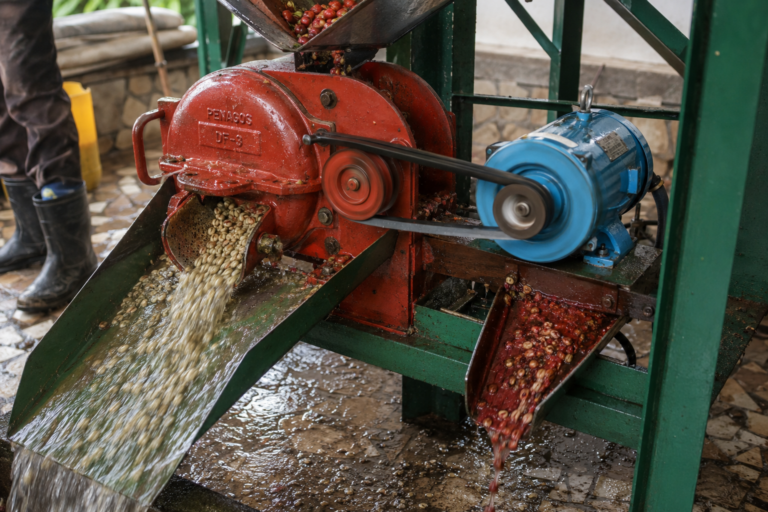 Photo of the red-painted disc pulper in action inside the green angle-iron pulping line