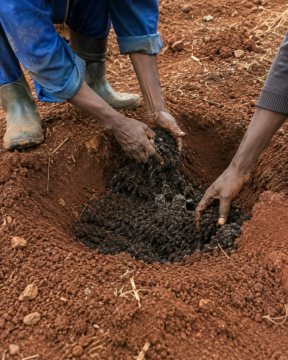 Photo shot of two Kenyan farm workers' hands and forearms mixing dark organic manure